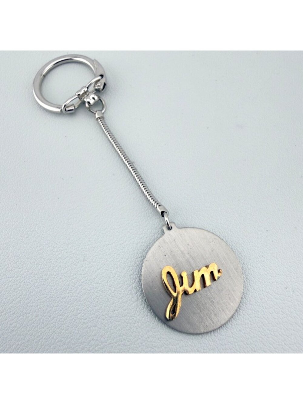 Swank Vintage Keychain"Jim" Gold Tone Nameplate Silver Tone Round Pendant